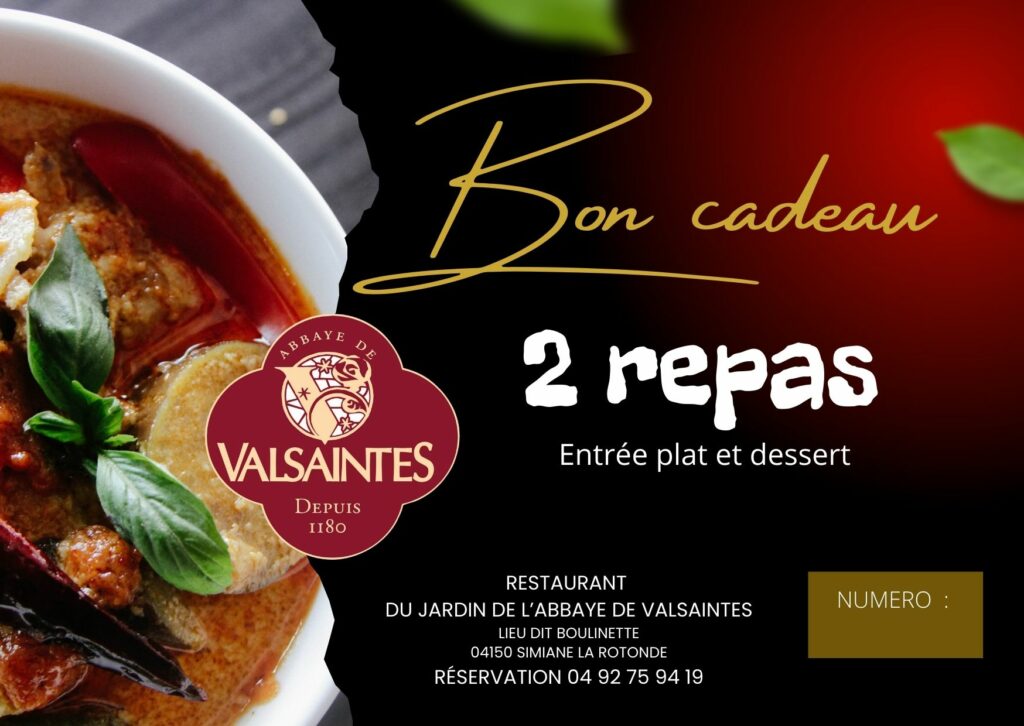Bon cadeau - 2 repas au restaurant - Le Jardin de l'Abbaye de Valsaintes